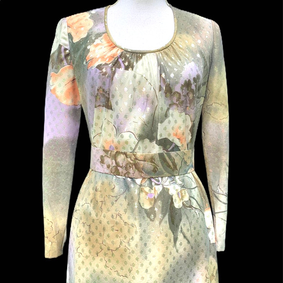 VINTAGE 70’s Belted Floral Maxi Gown Metallic Dot - Picture 14 of 15